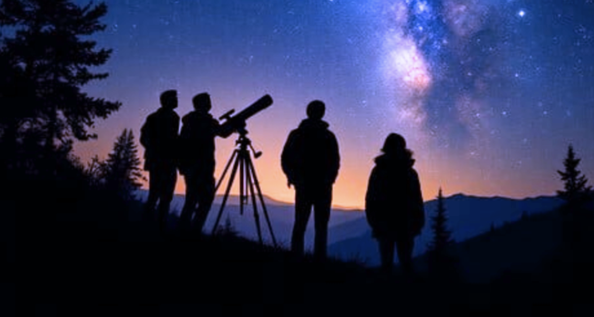 People with a telescope looking at the night sky