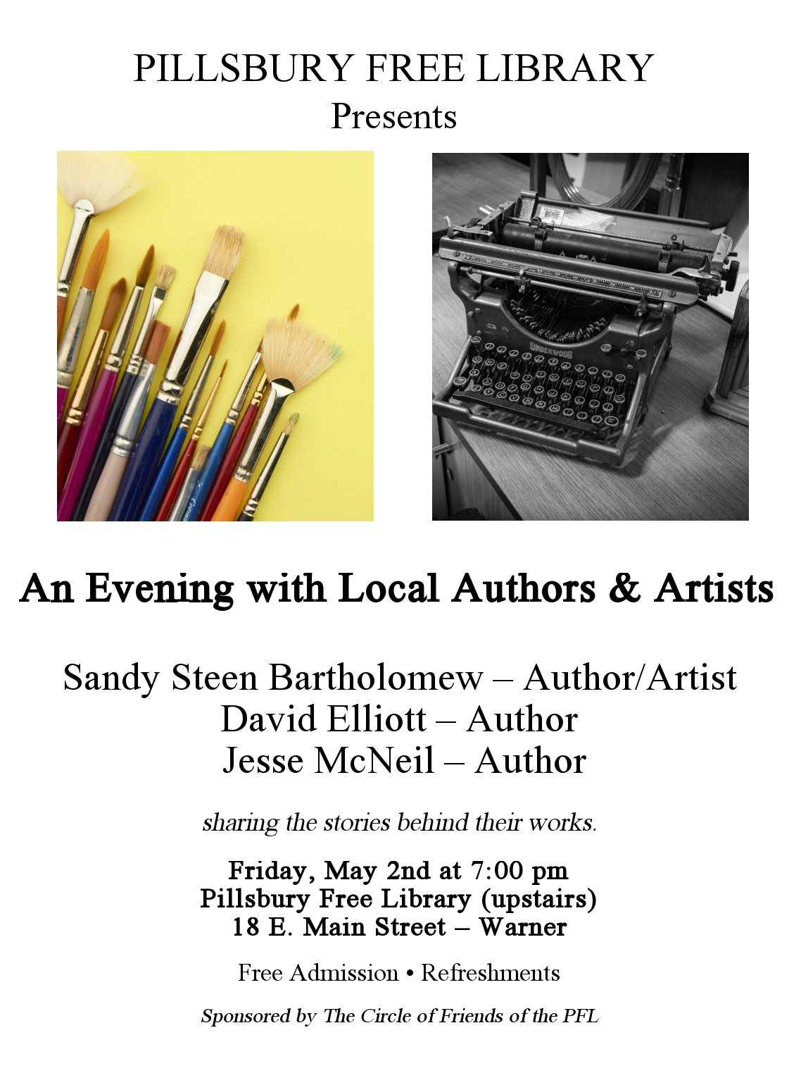 image of poster for artist evening showing a typwriter and paintbrushes.