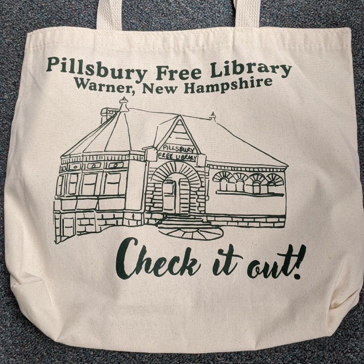 A cream colored tote bag with an image of the library and the words "Check it Out!" in green on one side.